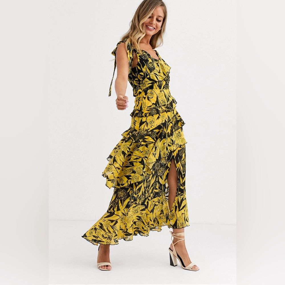 Dark Pink one shoulder midaxi dress in yellow black